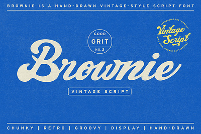 Brownie - Vintage Script Font bold classic display font font design fonts graphic design grit hand drawn illustration logo font new fonts nostalgia nostalgic retro rough script sports trending typography vintage