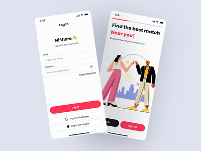 Onboarding and Log in Screen for Dating Mobile App app application branding dating design graphic design illustration ios mobile typography ui ux vector