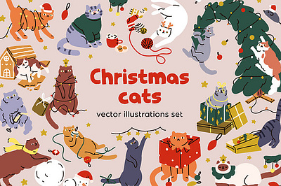 Cute, funny Christmas cats set box cartoon celebration christmas collection comic doodle festive garland graphic holiday kids kitten meow merry new year ornament pet winter xmas