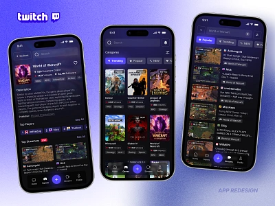 Twitch 📺 - Mobile App Redesign app design app redesign blue branding dark mode games gaming gaming app mobile app purple redesign streaming streaming app tv tv app twitch twitch app twitch redesign ui ux