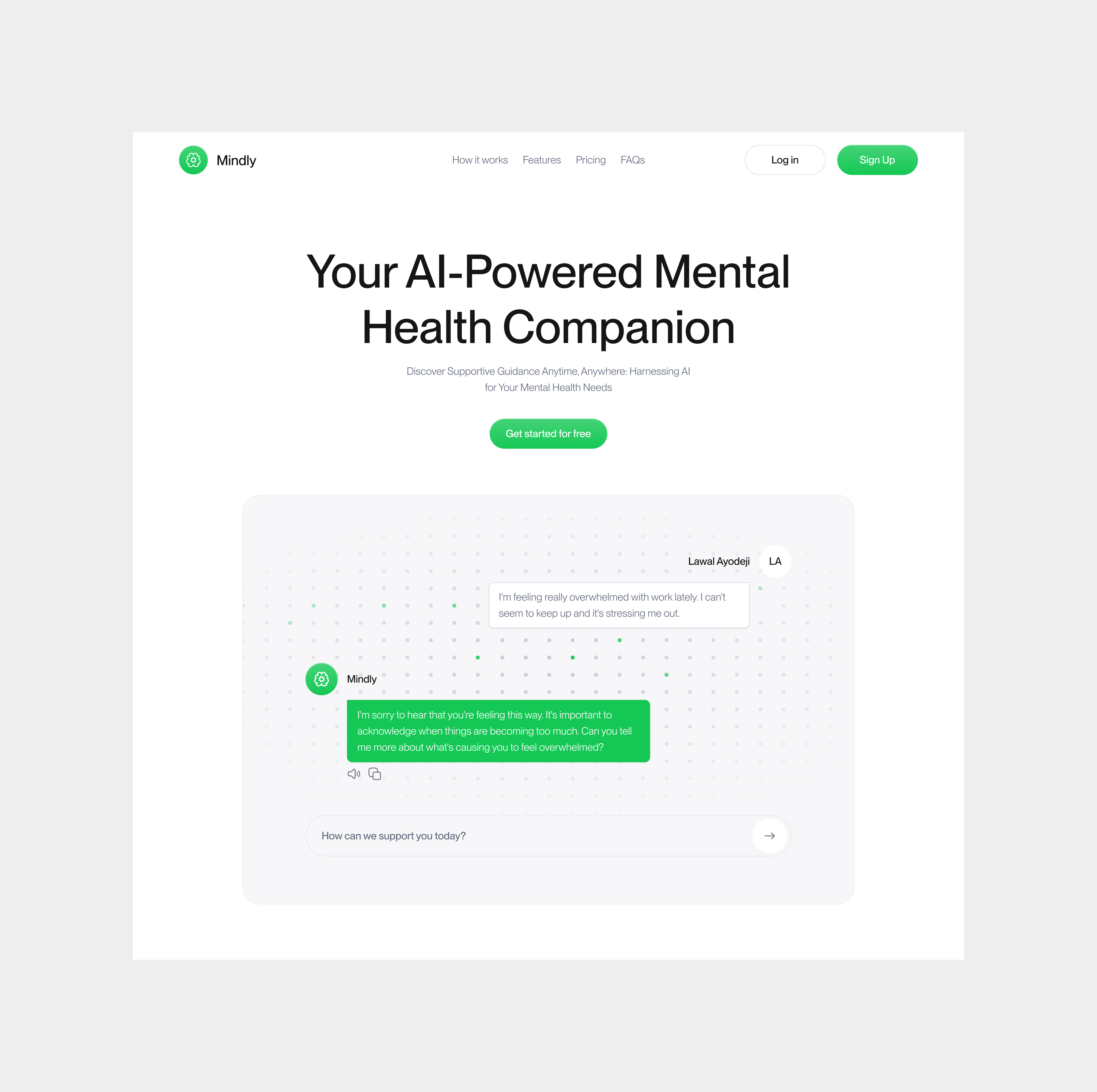 Mindly ai Landing page ai chat design health health landing page landingpage marketing page mental health productdesign ui uiuxdesign ux web design website