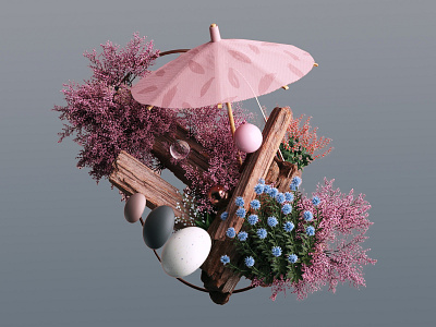 Miniature Garden and Fantastical Installation 3d 3dart abstract art lovers calm cinema4d design float flowers graphic design luxury miniature garden modern design mystery nature pink umbrela spheres stones vibrant plants wooden structure