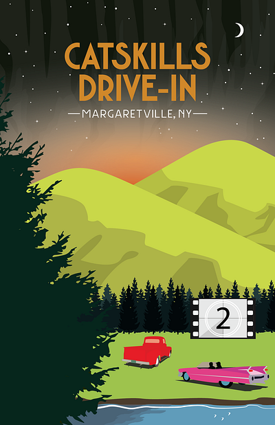 Catskills Drive-in Branding Logo + Digital Illustration branding catskills classic cars design digital design digital illustration drive in graphic graphic design illustration logo mountains national parks new york vector