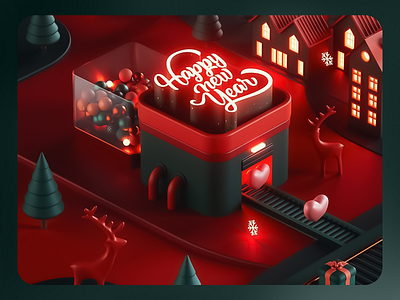 Happy New Year decoration design design illustration digital rendering factory festive art futuristic illustration happy new year holiday card design holiday illustaration holiday lights holiday season holiday spirit illustration industrial aesthetic miniature scene presents production toys warm atmosphere