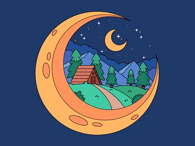 Log cabin in the night branding cabin camp cartoon character colorful cute design graphic design illustration landscape logo moon mountain nature night ui wood