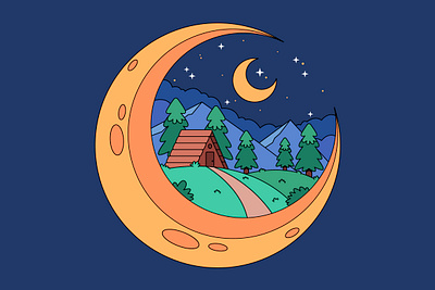 Log cabin in the night branding cabin camp cartoon character colorful cute design graphic design illustration landscape logo moon mountain nature night ui wood