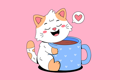 Cute cat with coffee cup animal branding cartoon cat character coffee colorful cup cute design graphic design illustration kawaii kitten logo ui