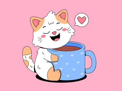 Cute cat with coffee cup animal branding cartoon cat character coffee colorful cup cute design graphic design illustration kawaii kitten logo ui