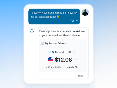 swiftbank: AI Digital Banking Assistant - Account Balance UIUX ai banking app ai banking assistant ai chatbot ui banking app banking assistant banking ui kit blue chatbot ui clean conversational chatbot ui dark blue digital banking app finance app finance companion finance ui kit minimal mobile banking app modern payment app soft