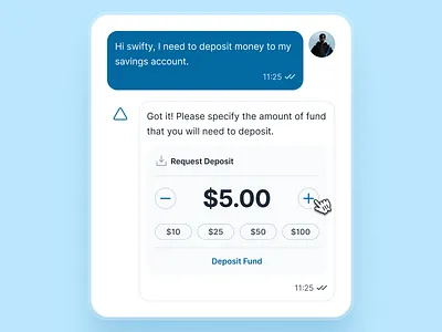 swiftbank: AI Digital Banking Assistant - Request Deposit UIUX ai banking app ai banking assistant ai chatbot ui banking app banking assistant banking ui kit blue clean conversational chatbot ui dark blue deposit ui digital banking app finance app finance ui kit minimal mobile banking app modern payment app payment ui soft