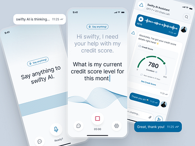 swiftbank: AI Digital Banking Assistant - Credit Score Payment ai banking app ai banking assistant banking app banking assistant banking chatbot banking ui kit blue clean dark blue digital banking app finance app finance ui kit minimal mobile banking app modern payment app payment ui soft voice recognition app voice recognition ui