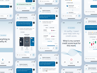 swiftbank: AI Digital Banking Assistant/Chatbot Payment UIUX ai banking app ai banking assistant banking app banking assistant banking chatbot app banking ui kit blue clean conversational chatbot ui dark blue digital banking app finance app finance ui kit minimal mobile banking app modern payment app payment ui soft voice recognition ui