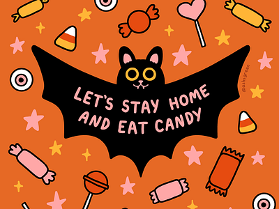 Happy Halloween! adobe freco bat black and orange candy candy corn cute character digital illustration doodle style halloween illustration line drawing lollipop orange and pink