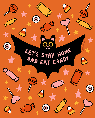 Happy Halloween! adobe freco bat black and orange candy candy corn cute character digital illustration doodle style halloween illustration line drawing lollipop orange and pink