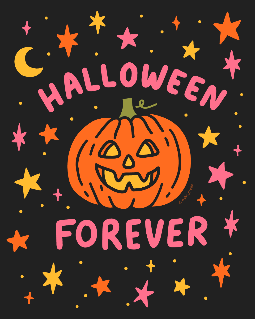 Can't it last all year? 😩 adobe fresco adobe illustrator cute digital drawing digital illustrator doodle style halloween halloween art hand lettering jack o lantern moon and stars pink and orange pink and yellow pumpkin spooky stars