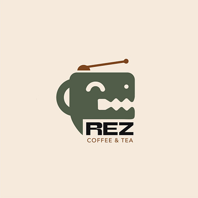 REZ COFFEE & TEA | LOGO DESIGN & BRAND IDENTITY beige branding coffee coffee shop cup design dinosour eye graphic design green illustration logo logo design milktea radio read rez tea teeth typography