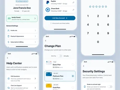 swiftbank: AI Digital Banking & Payment App - Account Setting UI account setting ai banking app banking app banking assistant banking ui kit blue clean dark blue digital banking app digital banking ui finance app finance ui kit minimal mobile banking app modern payment app payment ui profile setting setting ui soft