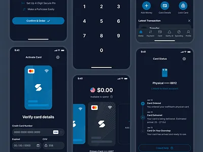 swiftbank: AI Digital Banking Payment App - Digital Card/Wallet ai banking app banking app banking assistant banking ui kit blue clean dark blue dark mode digital banking app digital card digital card ui digital wallet finance app finance ui kit minimal mobile banking app modern payment app payment ui soft