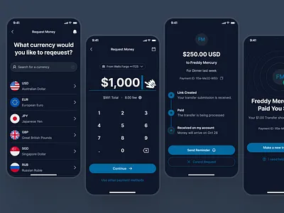 swiftbank: AI Digital Banking & Payment App - Request Money Dark ai banking app banking app banking assistant banking ui kit blue clean currency ui dark blue digital banking app finance app finance ui kit minimal mobile banking app modern payment app payment ui request fund request money soft transaction app