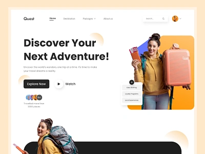 Quest Travel Agency Landing Page agency clean design hero section landingpage modern design raster lab travel agency ui ux design web design