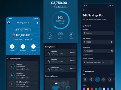 swiftbank: AI Digital Banking & Payment App - Saving Pot Flow ai banking app banking app banking assistant banking ui kit blue clean dark blue dark mode digital banking app finance app finance ui kit minimal mobile banking app modern payment app saving app saving goal saving pot saving ui soft