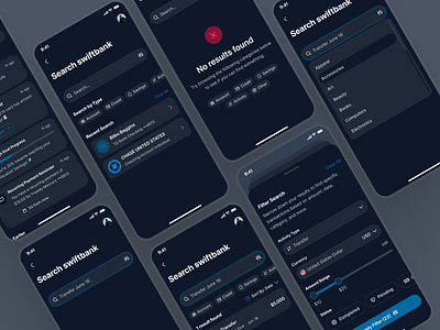 swiftbank: AI Digital Banking & Payment App - Search Results UI ai banking app banking app banking assistant banking ui kit blue clean dark blue dark mode digital banking app finance app finance ui kit minimal mobile banking app modern payment app payment ui search filter search result search ui soft