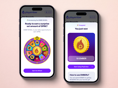 PlayEmber Fortune Wheel and Reward 3d app clean coin design fortune game gamification graphic design illustration light logo minimal mobile modal purple roulette spin ui wheel