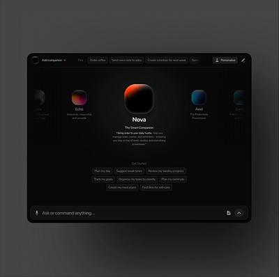 AI Agents - Command Center Panel UI aicompanion aiinterface aiproductivity aiuserinterface dailyplanning darkmodedesign digitalcompanion futuristicdesign goaltracking intelligentassistant minimalistui modernux personalassistant productivityai selfcaretools smartagentui smartscheduling taskmanagement uiinnovation userexperience
