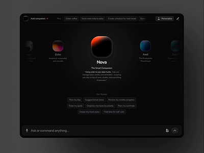 AI Agents - Command Center Panel UI aicompanion aiinterface aiproductivity aiuserinterface dailyplanning darkmodedesign digitalcompanion futuristicdesign goaltracking intelligentassistant minimalistui modernux personalassistant productivityai selfcaretools smartagentui smartscheduling taskmanagement uiinnovation userexperience