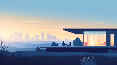 View of the city accommodation art building city couple design dream home house illustration illustrator landscape procreate real estate relax rent skyline sunset terrace vector