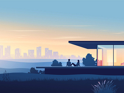 View of the city accommodation art building city couple design dream home house illustration illustrator landscape procreate real estate relax rent skyline sunset terrace vector