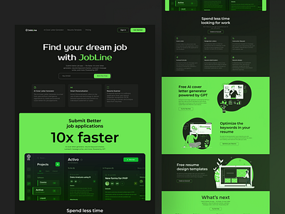 Jobline Landing Page Design ai ai website aiplatform darkmode dasahboard figma job jobapps jobfinder jobsearch minimal responsive design trending typography ui uiux uiuxdesign ux websitedesign