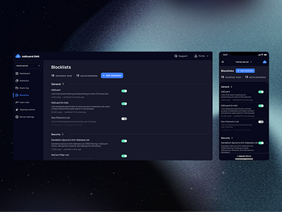 AdGuard DNS | Blocklist UI Dark Mode admin panel app design dark interface dark mode ui dark theme dashboard design data visualization digital product interface design intuitive design minimal ui modern design product design professional ui switch ui tech ui ui user interface ux ux design