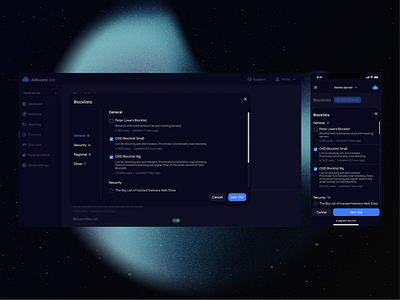 AdGuard DNS | Dark Mode Blocklist Management UI admin panel app design blocklist ui dark mode ui dark theme dashboard design data visualization digital product interactive ui interface design intuitive design minimal ui modern design product design security design tech ui ui user experience ux design web app