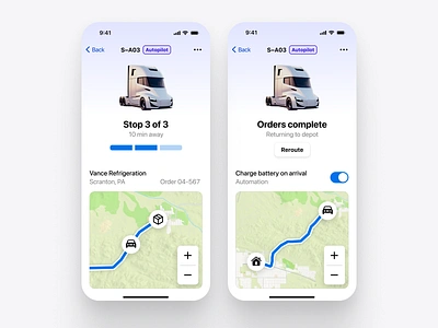 Fleet App app autonomous badge design electric ios map progress switch truck ui zoom