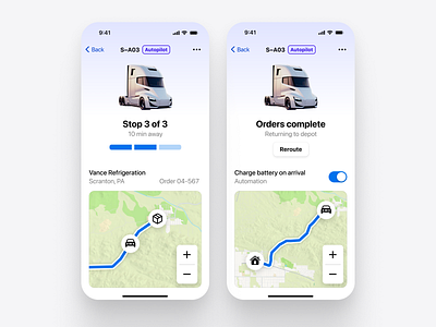 Fleet App app autonomous badge design electric ios map progress switch truck ui zoom