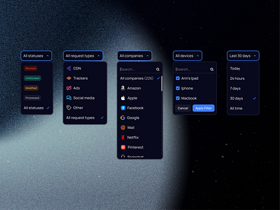 AdGuard DNS | Filter Dropdowns admin panel advanced filtering app design clean ui dark mode ui dark theme dashboard design data filters data visualization digital product dropdown menu interactive filters interactive ui interface design modern design product design tech ui ui ux ux design