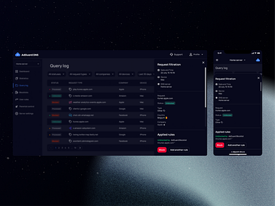 AdGuard DNS | Dark Mode Request Filtration UI admin panel app design dark interface dark mode ui dark theme dashboard design data management data visualization interactive ui interface design intuitive design minimal ui modern design product design professional ui tech ui ui user experience ux ux design