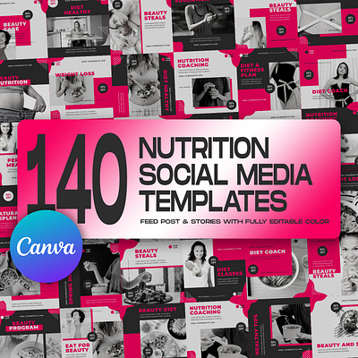 140 Nutrition Social Media Templates beauty canva template diet graphic design instagram feed instagram post template instagram stories template nutrition social media banner social media kit social media pack social media templates