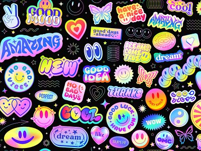 Y2k Holographic Stickers Collage Pattern. 90s abstract art colorful cool design element gradient graphic groovy holographic illustration patch playful pop shape smile sticker vecctor y2k