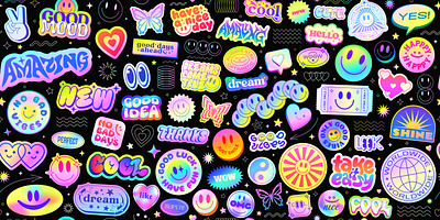 Y2k Holographic Stickers Collage Pattern. 90s abstract art colorful cool design element gradient graphic groovy holographic illustration patch playful pop shape smile sticker vecctor y2k