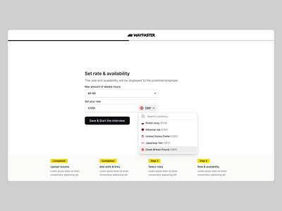 Candidate application flow - drop-down application flow availability cadidate salary candidate candidate application candidate flow candidate form component currency currency dropdown dropdown dropdowns form product design salary steps ui ux wizard wizzard