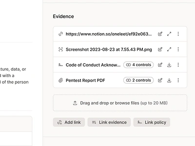 Evidence Listing - Inline List with Actions actions compliance cybersecurity evidence figma light mode list minimal product design saas security table ui upload upload section web