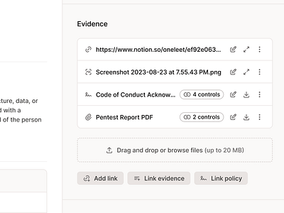 Evidence Listing - Inline List with Actions actions compliance cybersecurity evidence figma light mode list minimal product design saas security table ui upload upload section web