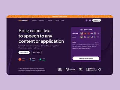 ReadSpeaker Redesign ai clean elevenlabs hero orange purple readspeaker saas software text to speech web design