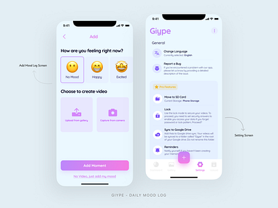 Giype App - Mood Tracker add mood log app design app designer app ui design app ui ux design app inspiration design ios app design minimal minimal app design mood tracker mood tracking app setting mobile ui setting ui settings ui ux app uiux trend unique app design