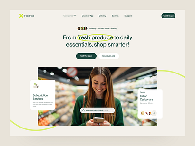 FoodHue · Grocery App Landing Page · Customer-Focused app beige cards food green grocery hero illustraion landing landing page people search tiles ui ux website