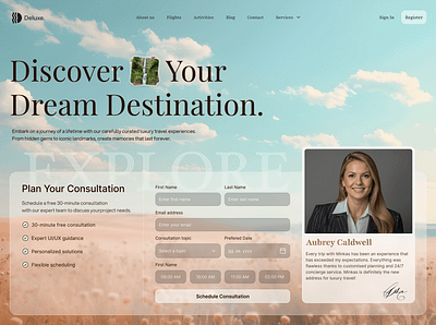 [Deluxe.] Travel landing page hero ✨ consultation design fullpage hero graphic design hero landing page travel landing ui ux