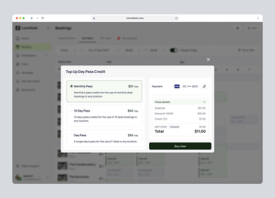 Top Up Day Pass Credit - Workspace Platform admin b2b b2c checkout component coworking credit dashboard design designsystem member modal platform popup saas topup ui ux web