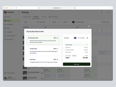 Top Up Day Pass Credit - Workspace Platform admin b2b b2c checkout component coworking credit dashboard design designsystem member modal platform popup saas topup ui ux web